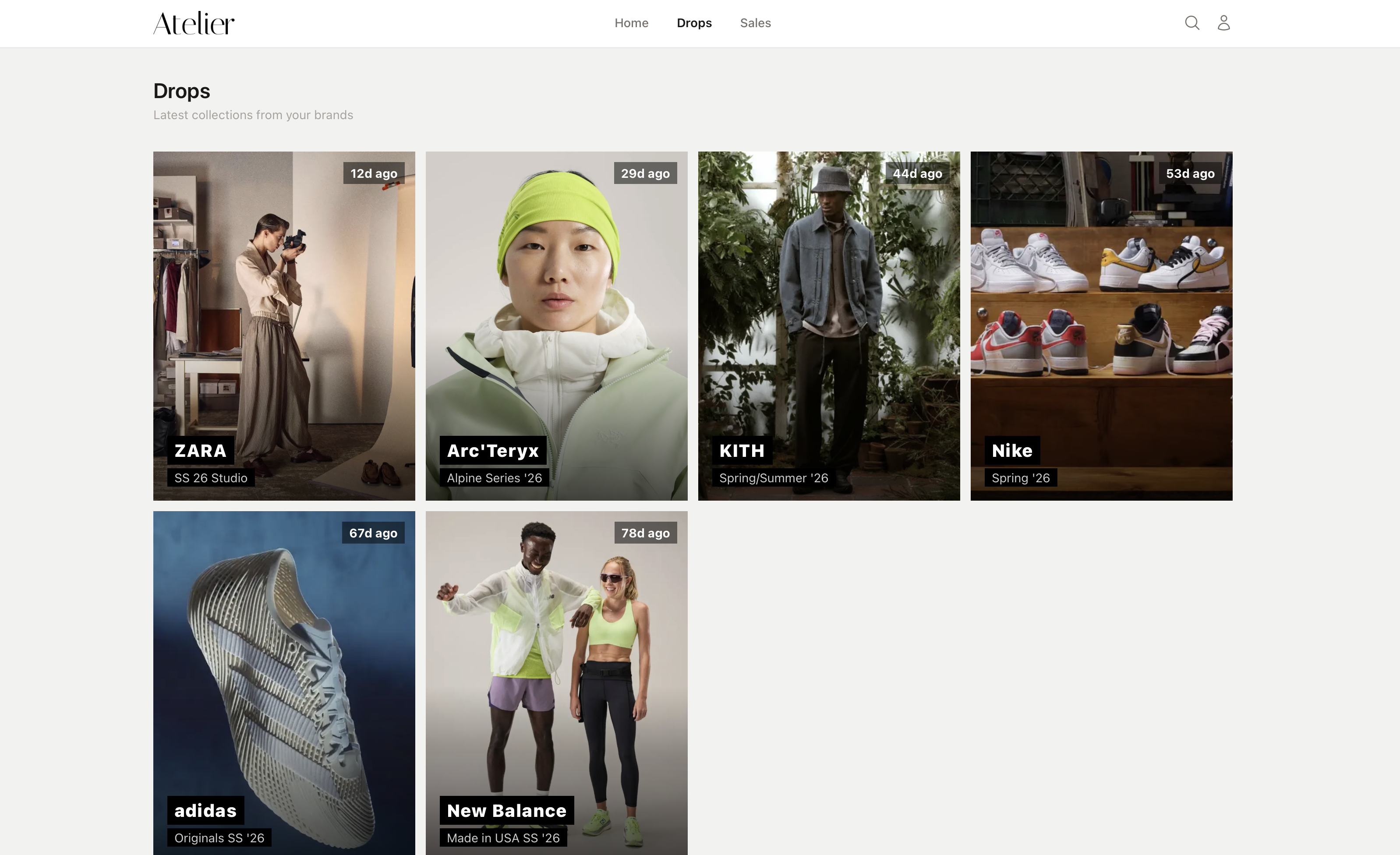 Drops feed showing new collections from Zara, Arc'Teryx, KITH, and Nike